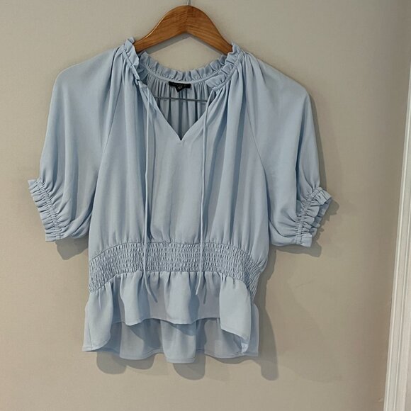 Ann Taylor Petite Light Blue Crossover Smocked Waist Blouse Top Size Small - Picture 4 of 9